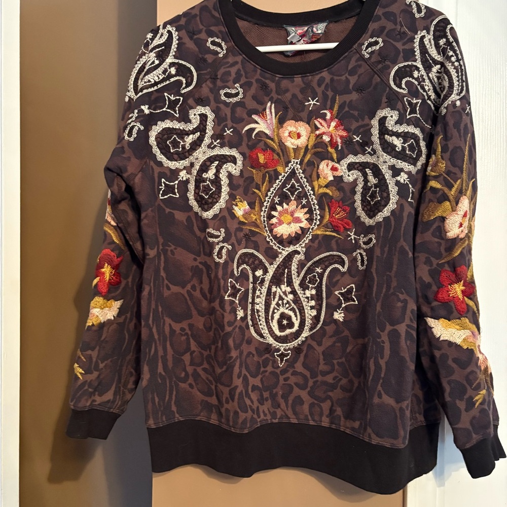 Johnny Was Embroidered Floral Black and Brown Women's Top